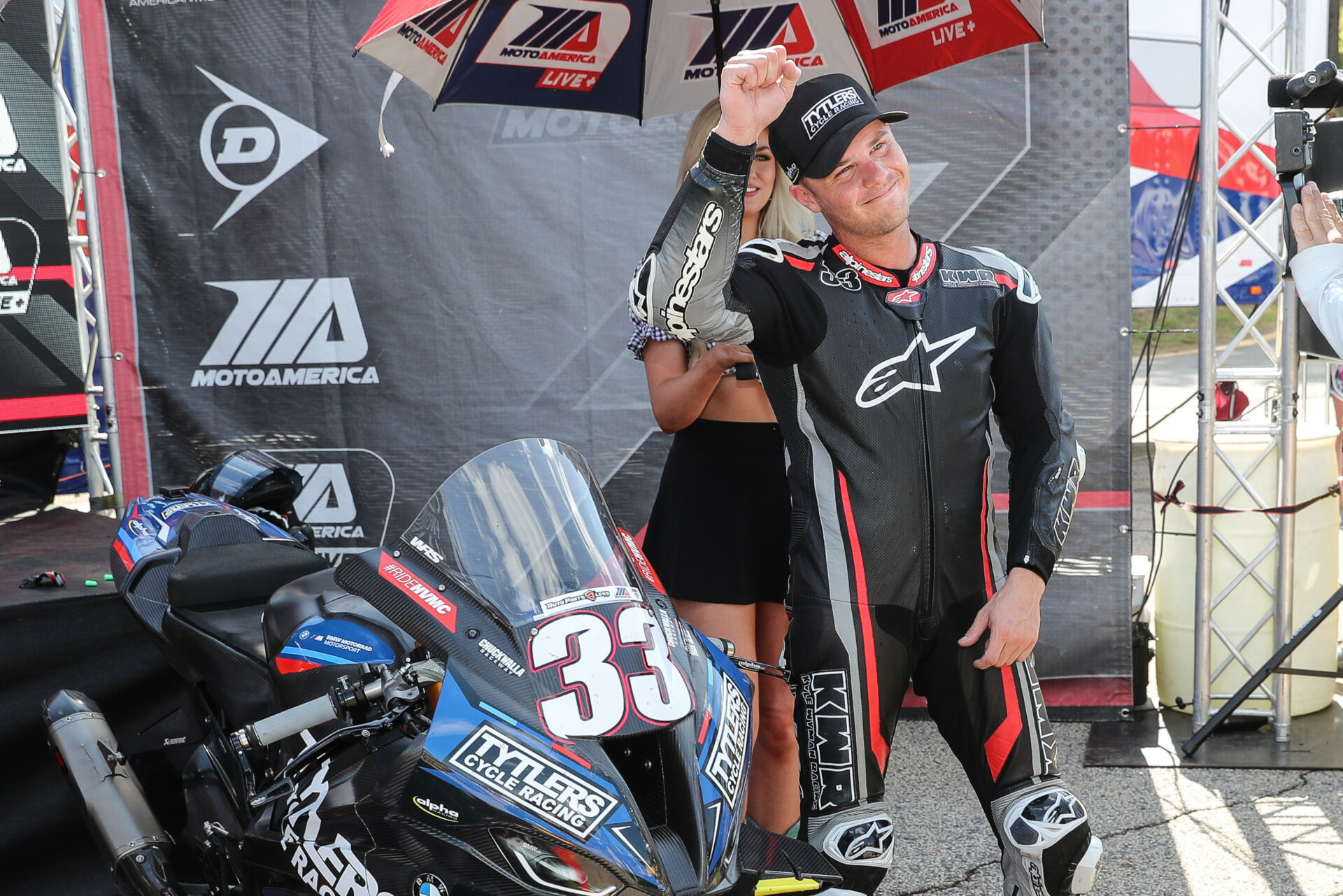 Kyle Wyman on the podium following Superbike Race Two at Road Atlanta. Photo by Brian J. Nelson, courtesy Tytlers Cycle Racing.