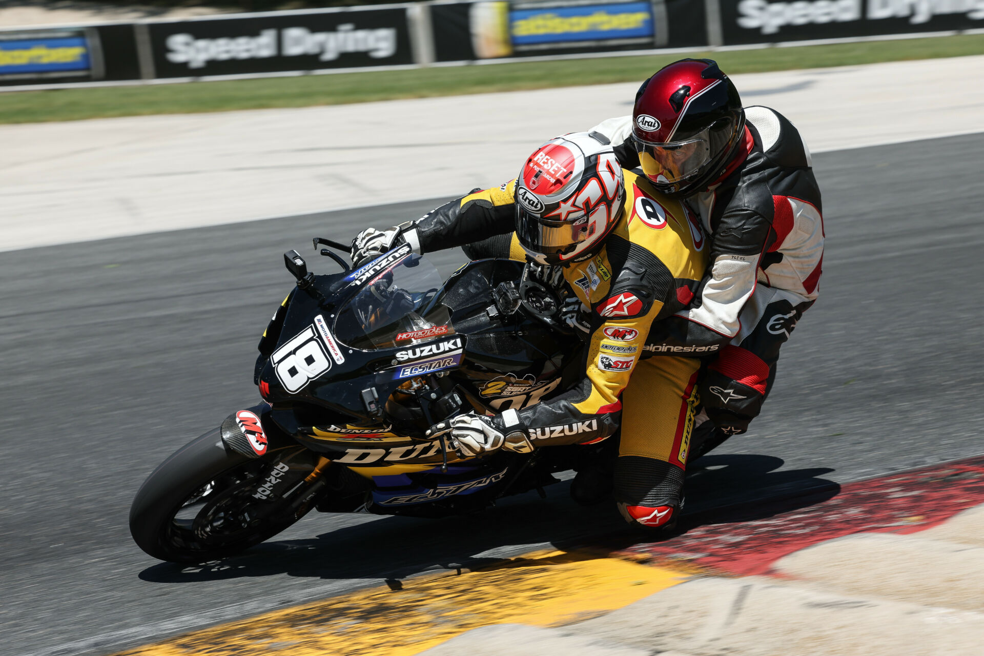 Chris Ulrich pilots the Dunlop ECSTAR Suzuki Two-Seat Superbike at Road America in June 2022. Photo by Brian J. Nelson, courtesy Team Hammer.