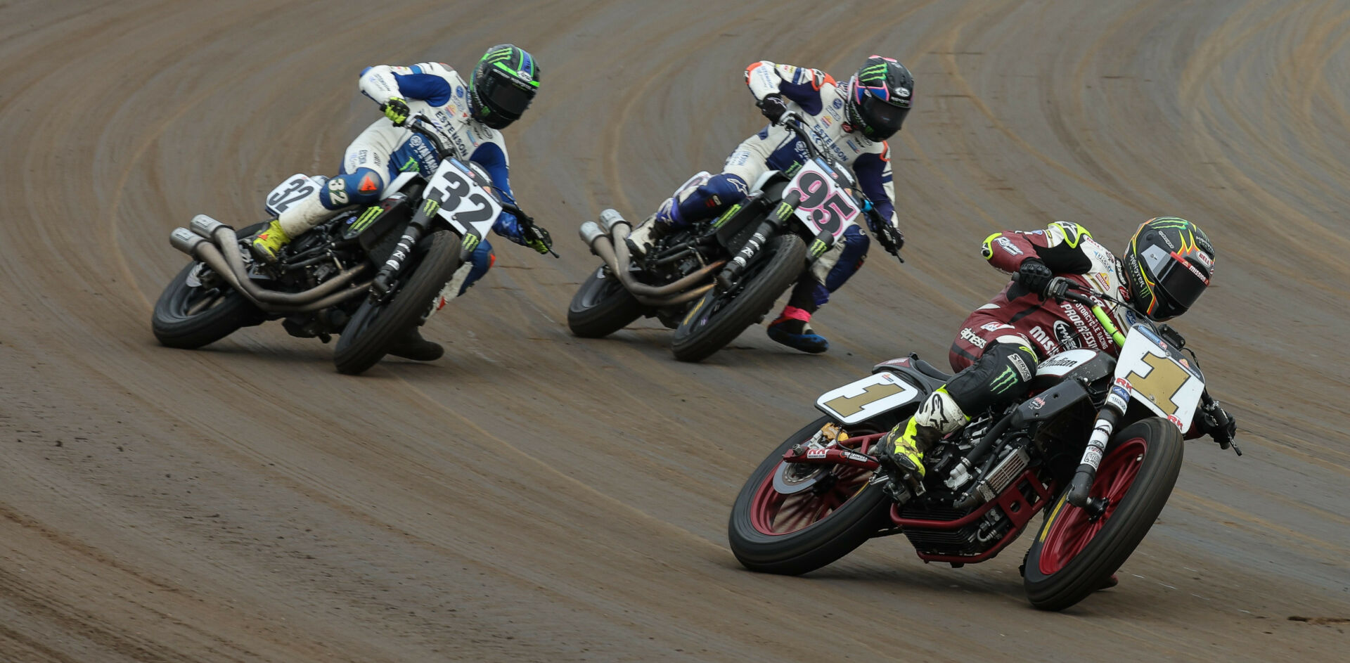 Jared Mees (1), Dallas Daniels (32), and JD Beach (95) as seen at Springfield Mile I. Photo by Brian J. Nelson, courtesy AFT.