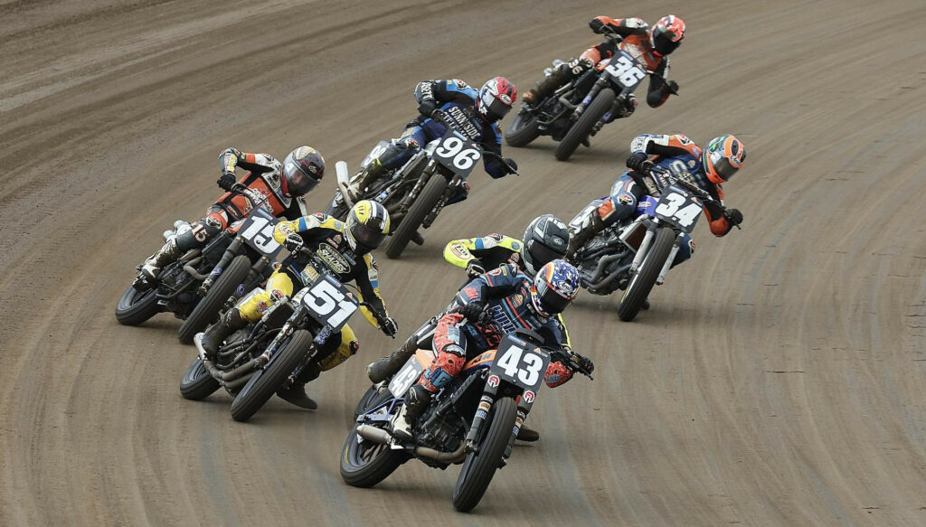 James Rispoli (43) leads the AFT Production Twins race at the Springfield Mile. Photo by Brian J. Nelson, courtesy AFT.