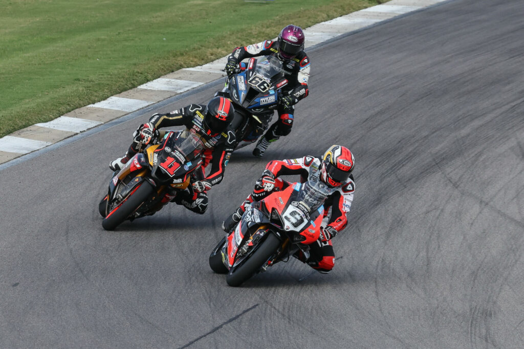 Danilo Petrucci (9) leads Mathew Scholtz (11) and PJ Jacobsen (66) in MotoAmerica Medallia Superbike Race Two at Barber Motorsports Park. Photo by Brian J. Nelson, courtesy Westby Racing.