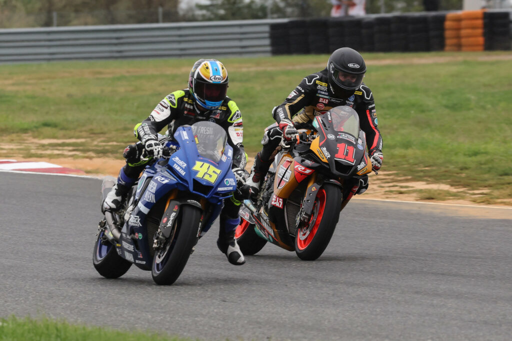 Mathew Scholtz (11) battled with Cameron Petersen (45) over second place in Superbike Race Two. Photo by Brian J. Nelson, courtesy Westby Racing.