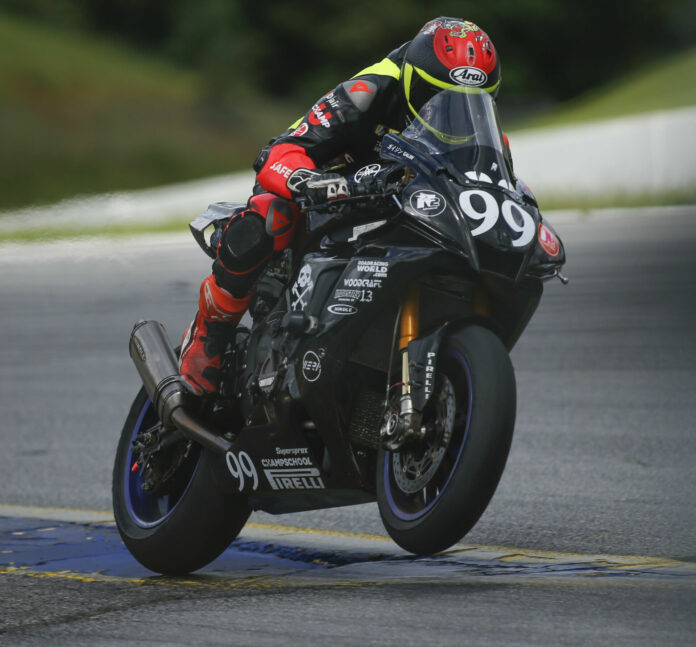 Chris Peris (99) at speed on the Army of Darkness Yamaha YZF-R1 at Road Atlanta. Photo by AKHUGHES Sports Media, courtesy AOD.