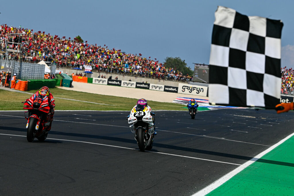 Francesco Bagnaia (63) beat Enea Bastianini (23) by a fraction of a second at the finish line. Photo courtesy Dorna.