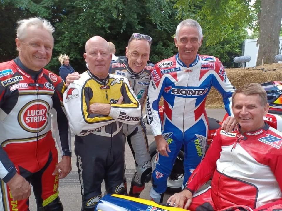 Wayne Rainey (right) wasn't alone on his rides at the Goodwood Festival of Speed. (From left) Kevin Schwantz, King Kenny Roberts, Jeremy McWilliams, and Mick Doohan followed Rainey on some of his runs. Photo courtesy Goodwood Festival of Speedway.