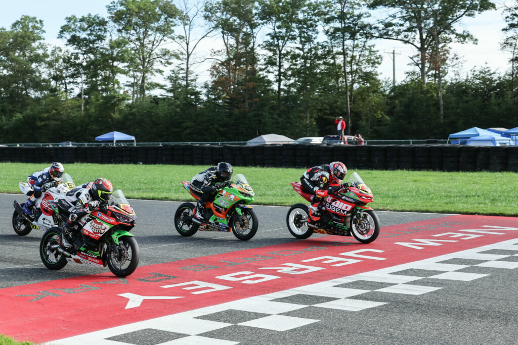 Gus Rodio (96) beat Joe LiMandri Jr (62) and Spencer Humphreys (65) to the line in the SportbikeTrackGear.com Junior Cup race on Saturday. Photo by Brian J. Nelson.