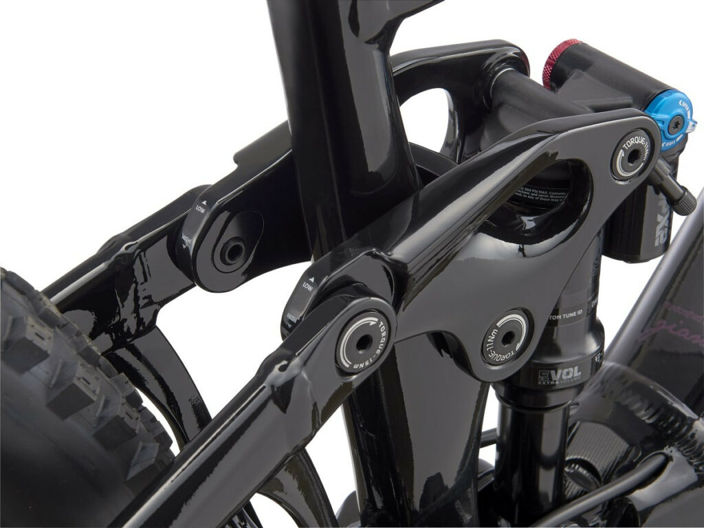 A closeup of the adjustable suspension on a Liv Intrigue X E+ 1 electric mountain bike. Photo courtesy Liv.