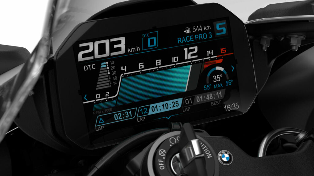 The instrument display on the S 1000 RR allows the rider to adjust and monitor the status of the refined electronic rider aids and features. Photo courtesy BMW Motorrad.