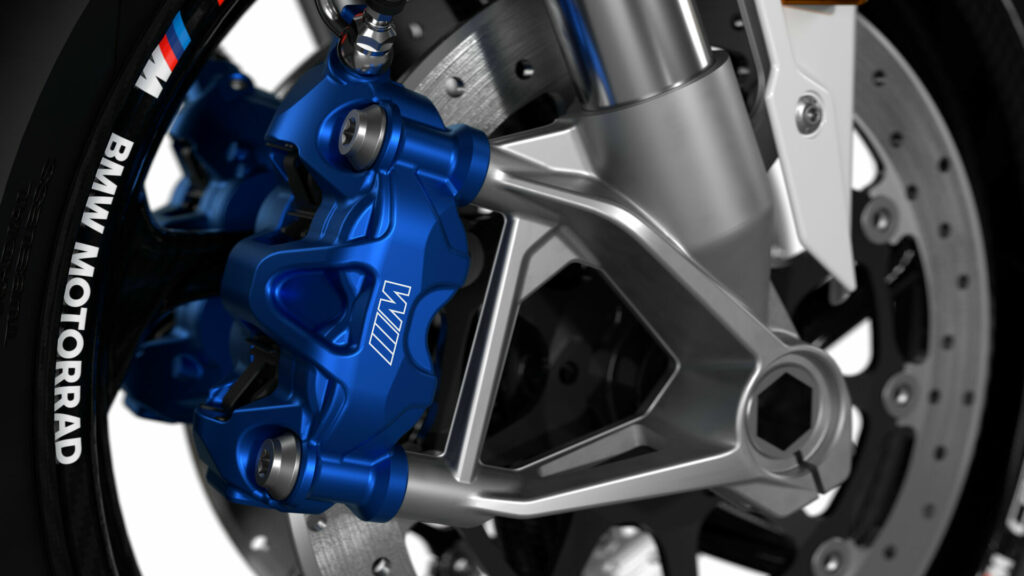 The ABS Pro system on the 2023 S 1000 RR includes four-piston front brake calipers and a new, adjustable Brake Slide Assist feature. Photo courtesy BMW Motorrad.