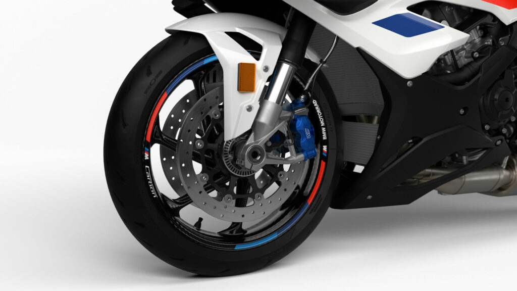 The front end of a 2023 BMW S 1000 RR fitted with an optional M Carbon front wheel. Photo courtesy BMW Motorrad.