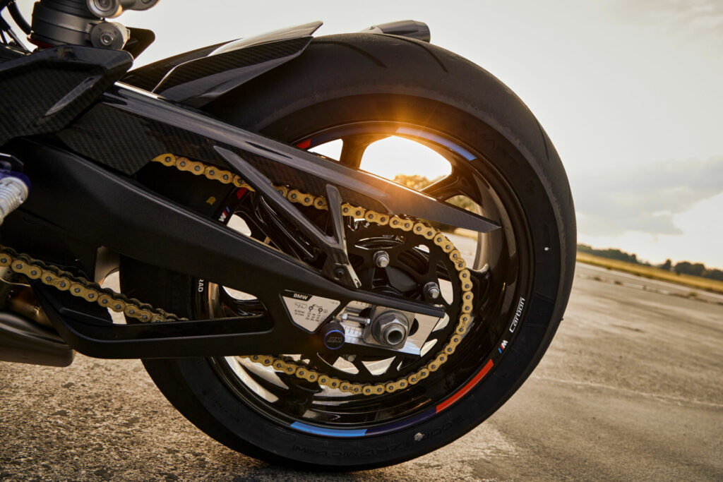 Changes to the rear axle make removing and installing the rear wheel easier on the 2023 BMW S 1000 RR. This bike is fitted with optional M Performance parts. Photo courtesy BMW Motorrad.