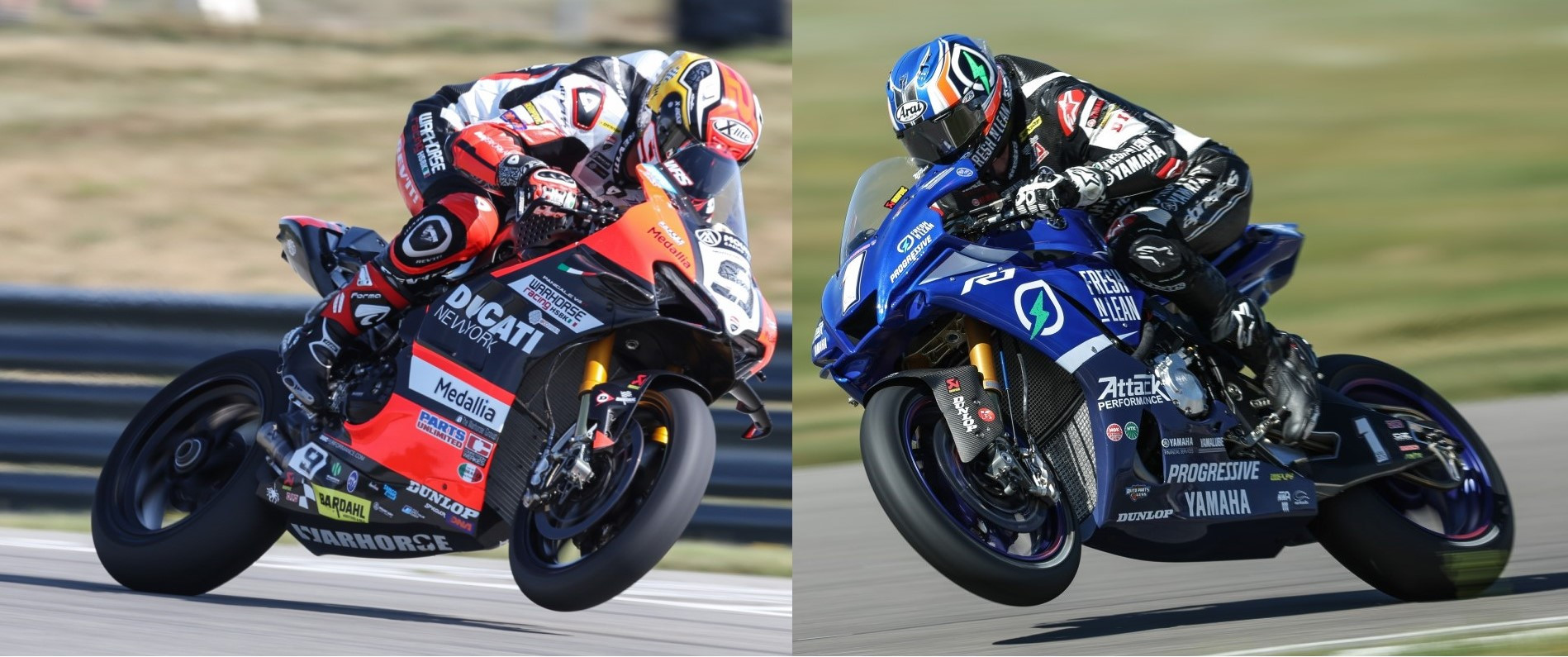 Danilo Petrucci (9) and Jake Gagne (1) are separated by one point in the MotoAmerica Medallia Superbike Championship heading into New Jersey Motorsports Park. Photos by Brian J. Nelson.