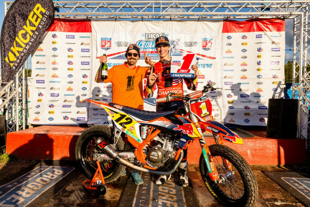 Kody Kopp (right) with Red Bull KTM Factory Racing Team Manager Chris Fillmore (left) on the podium at the Cedar Lake Short Track. Photo courtesy Red Bull KTM Factory Racing.