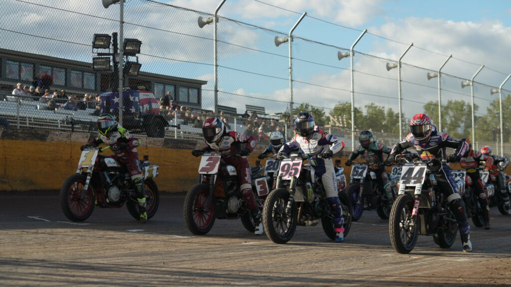 Jared Mees (1), Briar Bauman (3), JD Beach (95), and Brandon Robinson (44) on the start line at the Cedar Lake Short Track. Photo courtesy AFT.