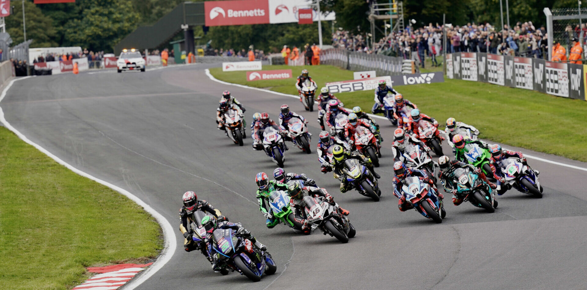 The start of a British Superbike race Sunday at Oulton Park with Jason O'Halloran (22) taking an early advantage. Photo courtesy MSVR.