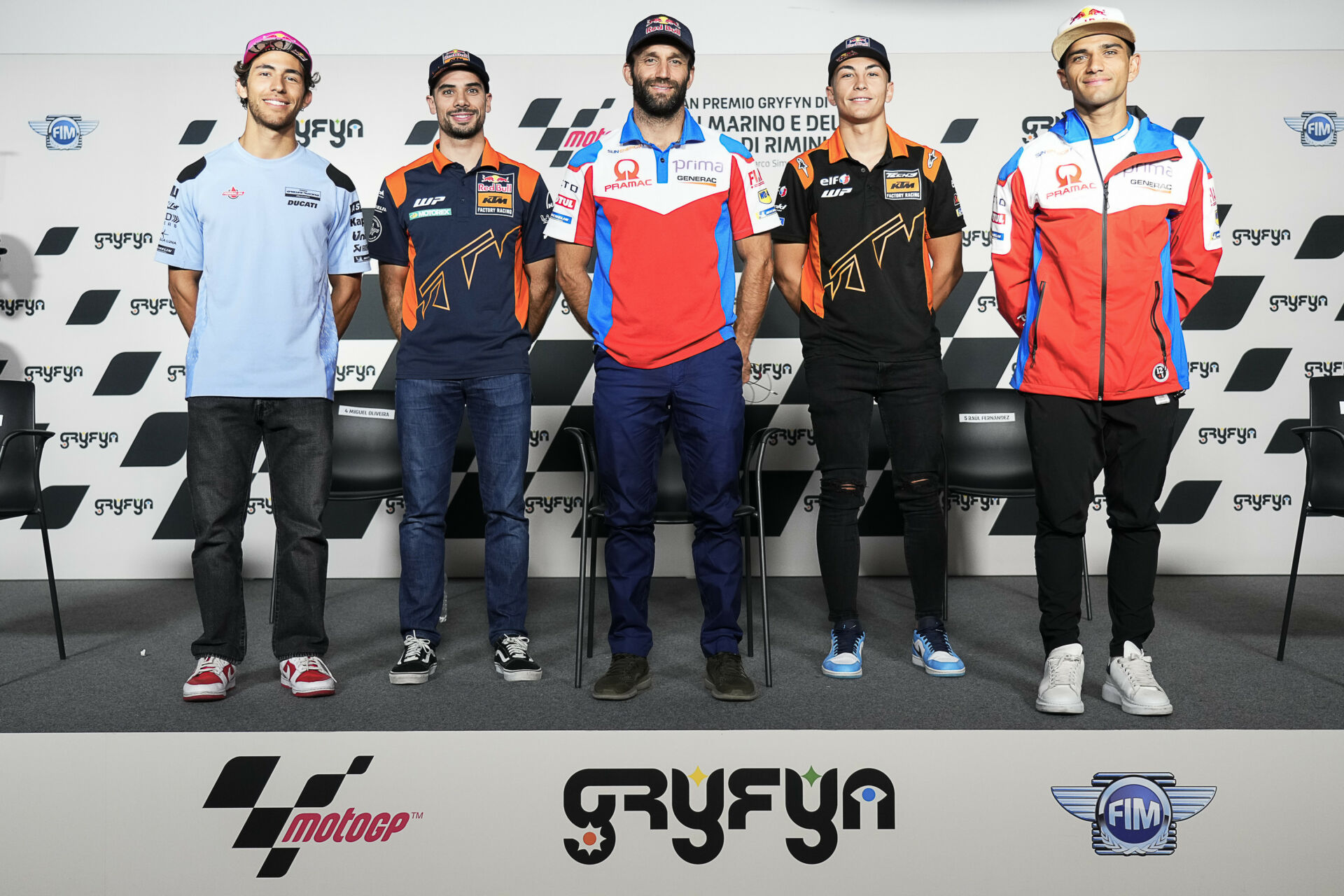 MotoGP riders (from left) Enea Bastianini, Miguel Oliveira, Johann Zarco, Raul Fernandez, and Jorge Martin. Photo courtesy Dorna.