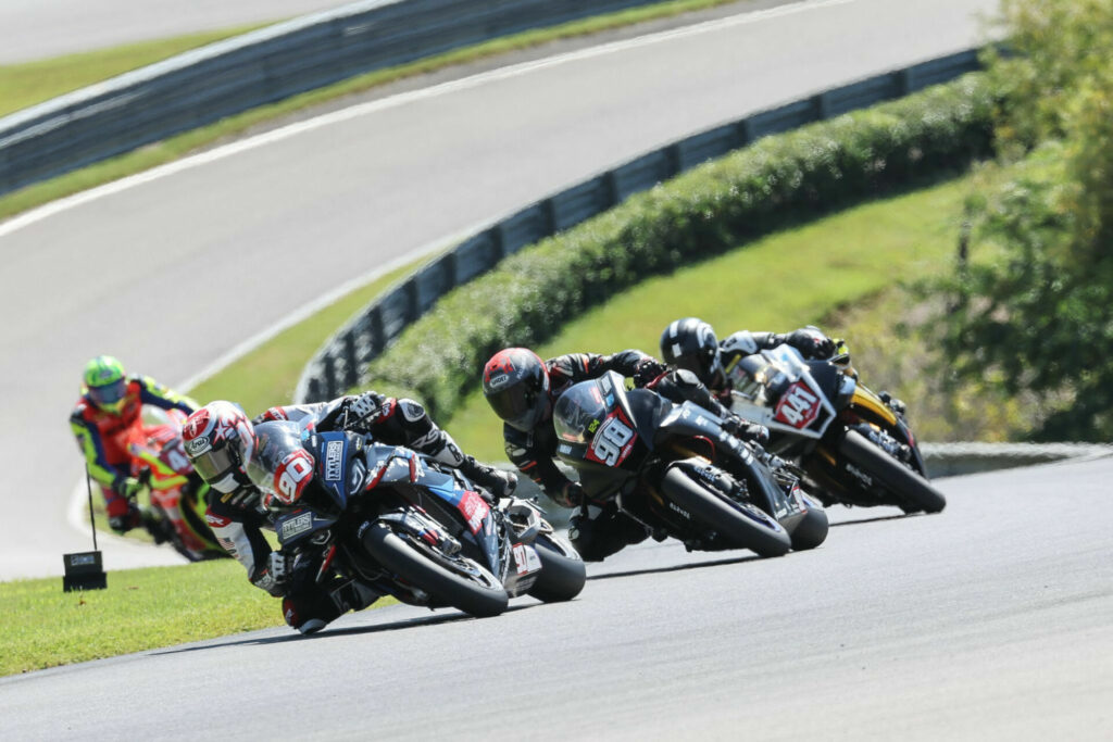 Zac Schumacher (90) leads a group of riders during the Stock 1000 race. Photo by Brian J. Nelson, courtesy Tytlers Cycle/RideHVMC Racing.