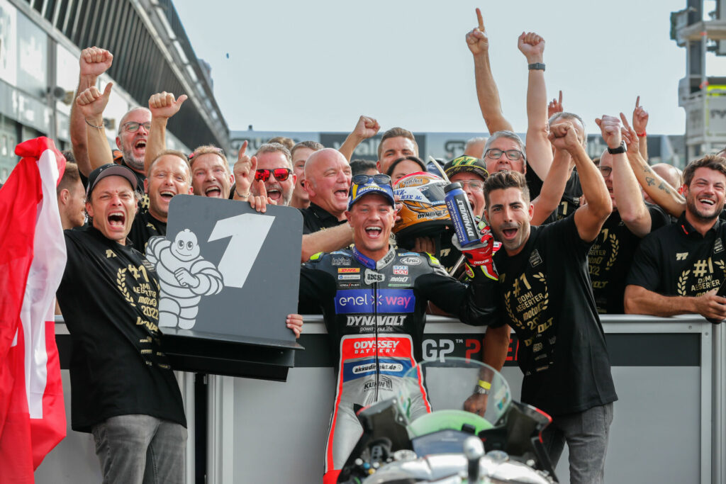 Dominique Aegerter clinched the 2022 FIM MotoE World Cup Championship Saturday at Misano. Photo courtesy Dorna.