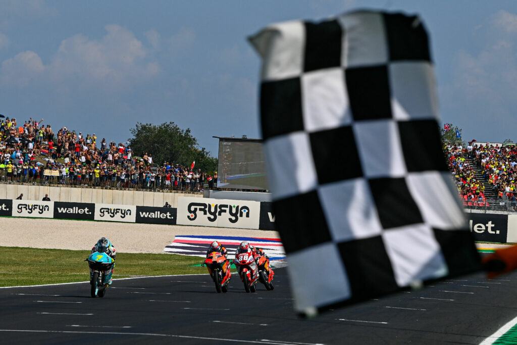 Dennis Foggia (7) won the Moto3 race, his third victory at Misano. Photo courtesy Dorna.