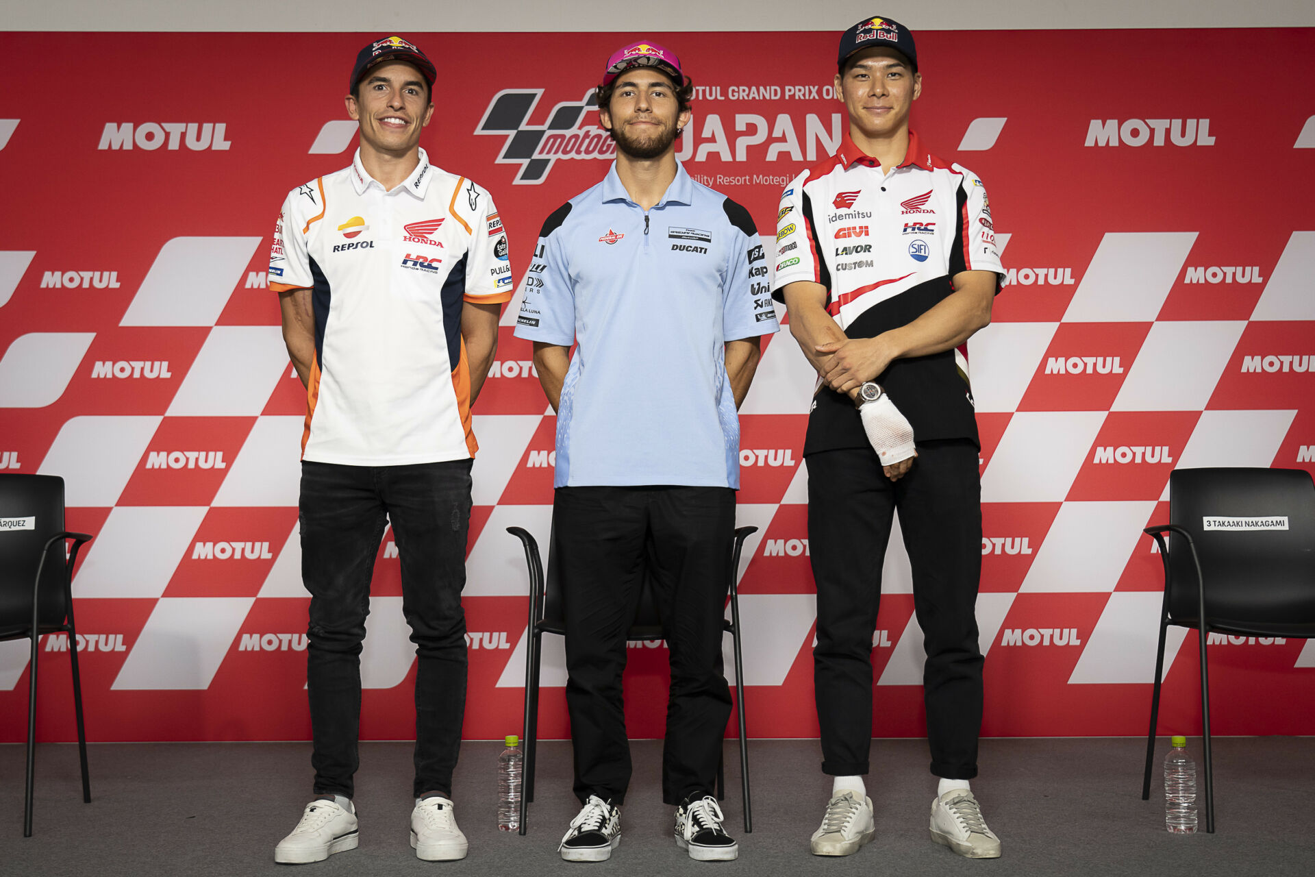 Enea Batianini (center) with Marc Marquez (left) and Takaaki Nakagami (right) at one of the pre-race press conferences at Motegi. Photo courtesy Doran.