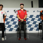 Jack Miller (center), Marc Marquez (left), and Brad Binder (right) during the second half of the pre-event press conference in Thailand. Photo courtesy Dorna.