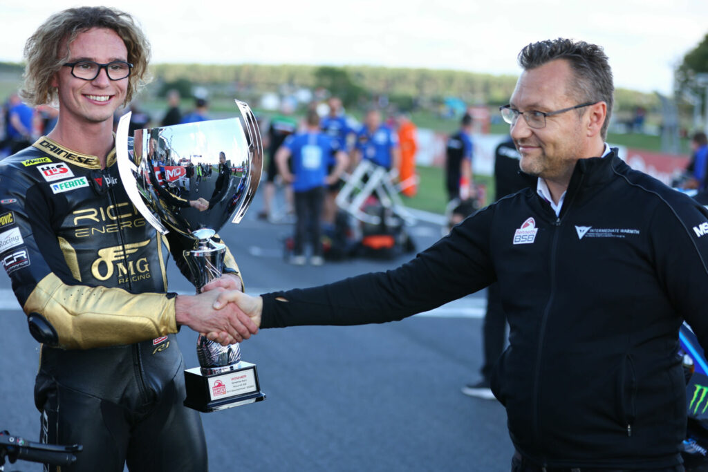 British Superbike Series Director Stuart Higgs (right) congratulates Race One winner Bradley Ray (left). Photo courtesy MSVR.