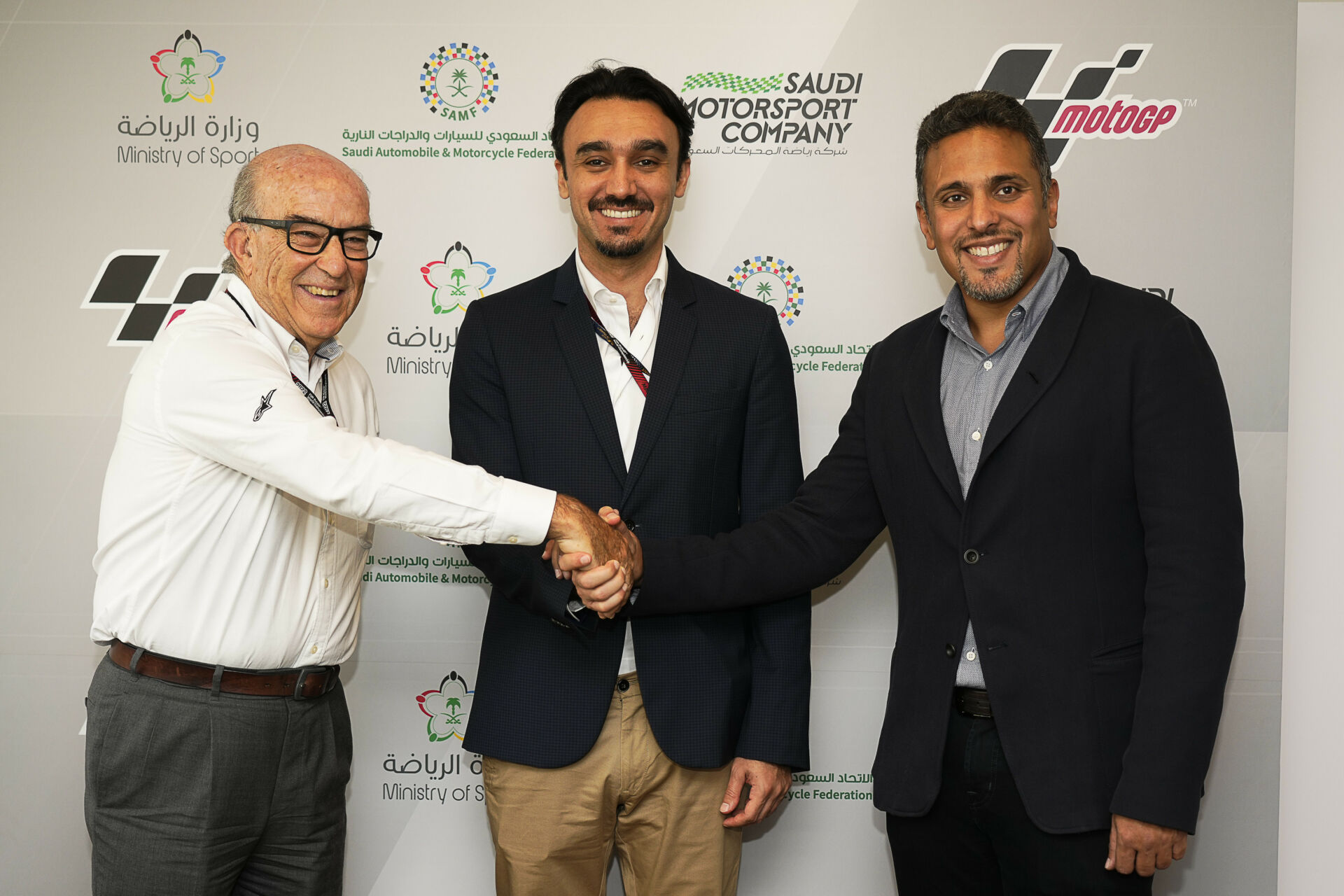 (From left) Dorna CEO Carmelo Ezpeleta; HRH Prince Abdulaziz bin Turki Al-Faisal, Minister of Sport, Saudi Arabia; HRH Prince Khalid Bin Sultan Al Abdullah Al-Faisal, Chairman of the Saudi Automobile and Motorcycle Federation (SAMF) and the Saudi Motorsport Company (SMC). Photo courtesy Dorna.