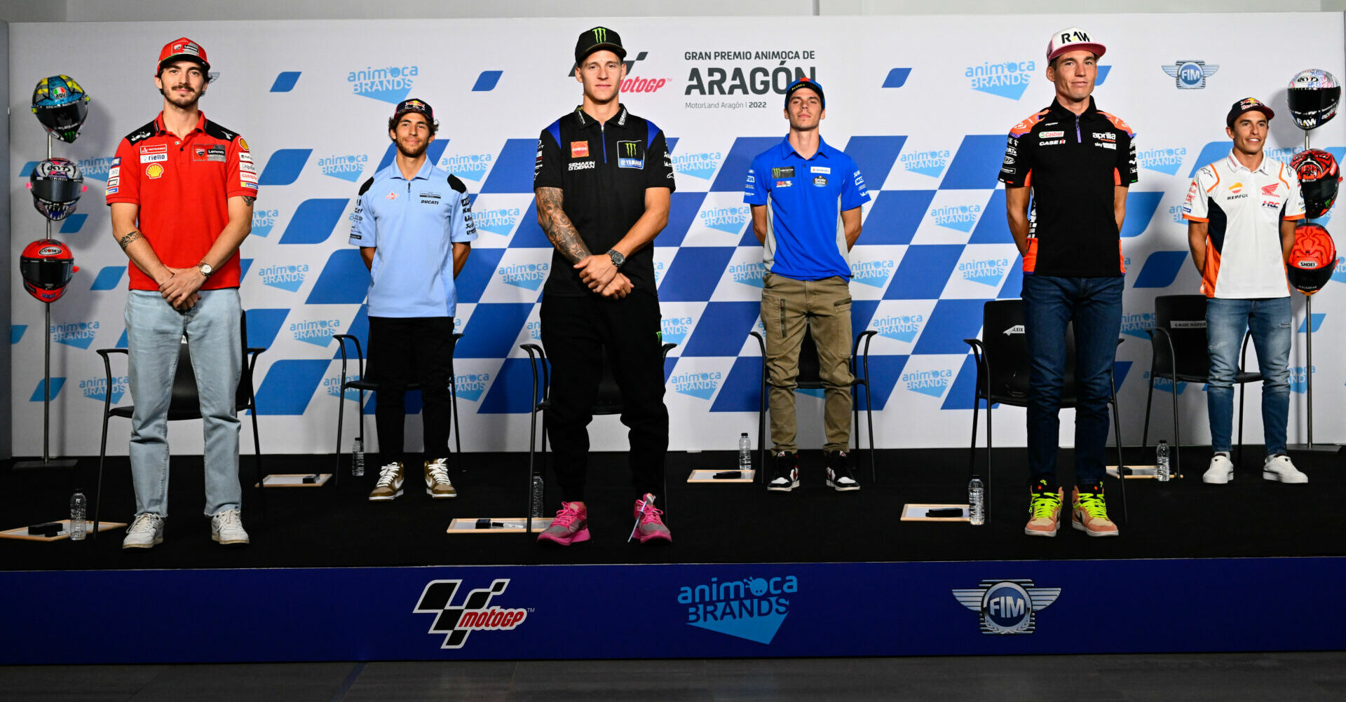 MotoGP riders (from left) Francesco Bagnaia, Enea Bastianini, Fabio Quartararo, Joan Mir, Aleix Espargaro, and Marc Marquez at the pre-race press conference at MotorLand Aragon. Photo courtesy Dorna.