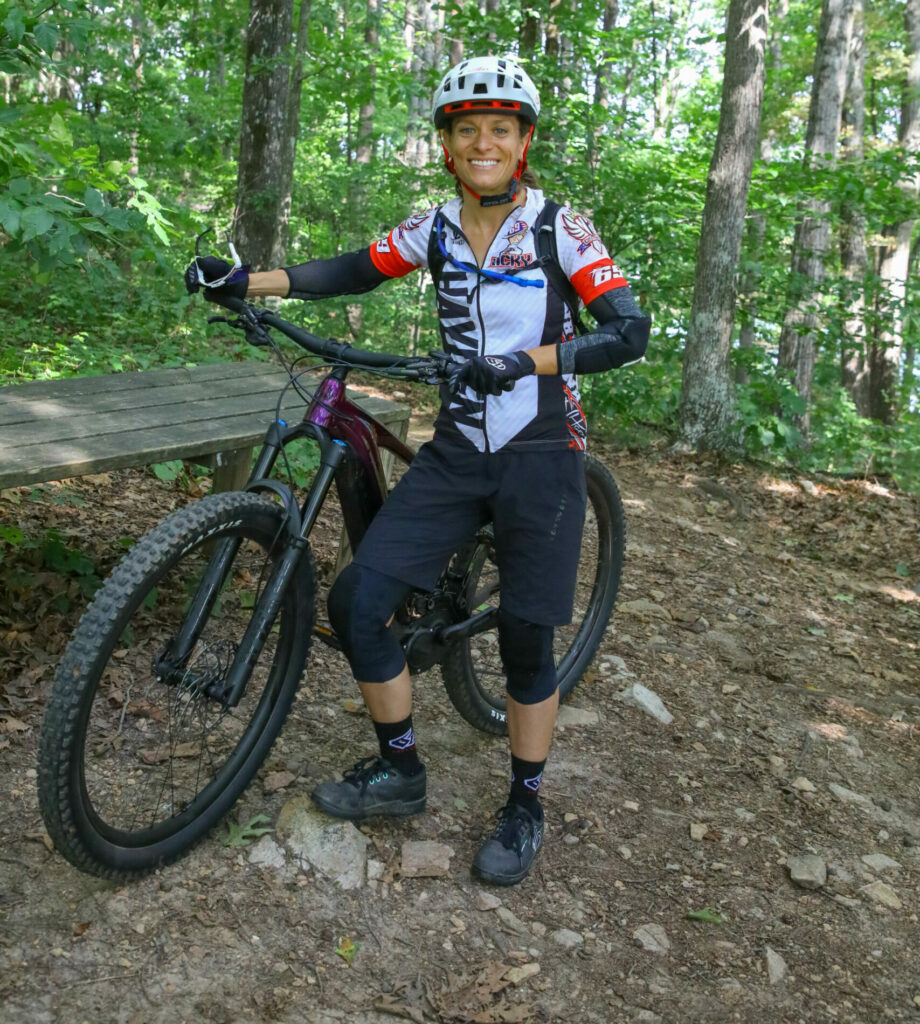 Anne Roberts with a Liv Intrigue X E+ 1 electric mountain bike. Photo courtesy Lee Fields.