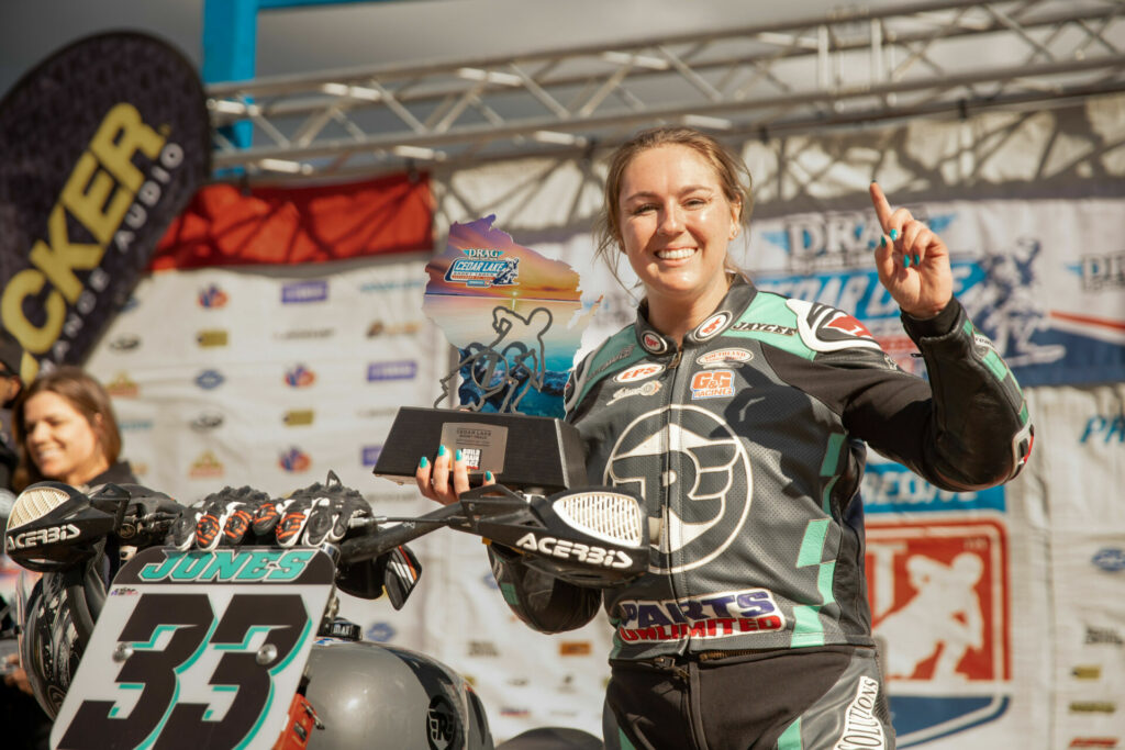 Jaycee Jones, the Royal Enfield Build. Train. Race. flat track race winner at the Cedar Lake Short Track. Photo courtesy Royal Enfield North America.