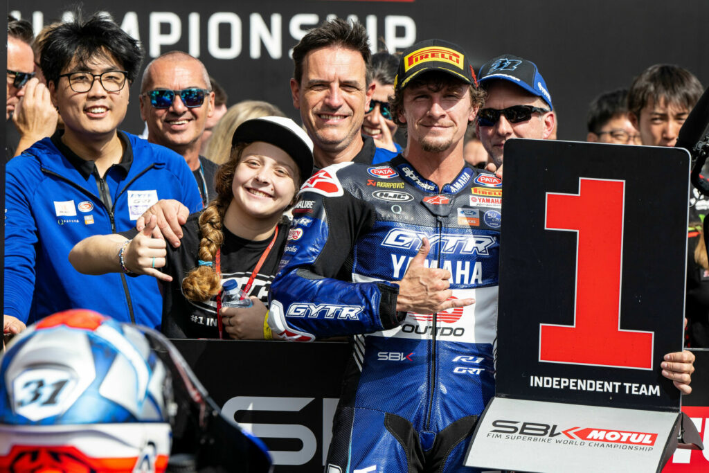 American Garrett Gerloff was the Top Independent Team rider in Race Two. He was joined in Parc Ferme by another #31 - MotoAmerica Junior Cup racer Kayla Yaakov. Photo courtesy Yamaha.