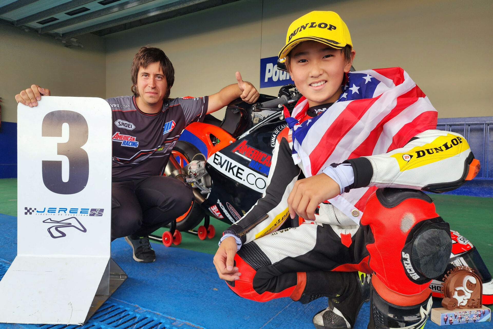 American Kensei Matsudaira (right) in Parc Ferme with his mechanic. Photo courtesy Evike.com.