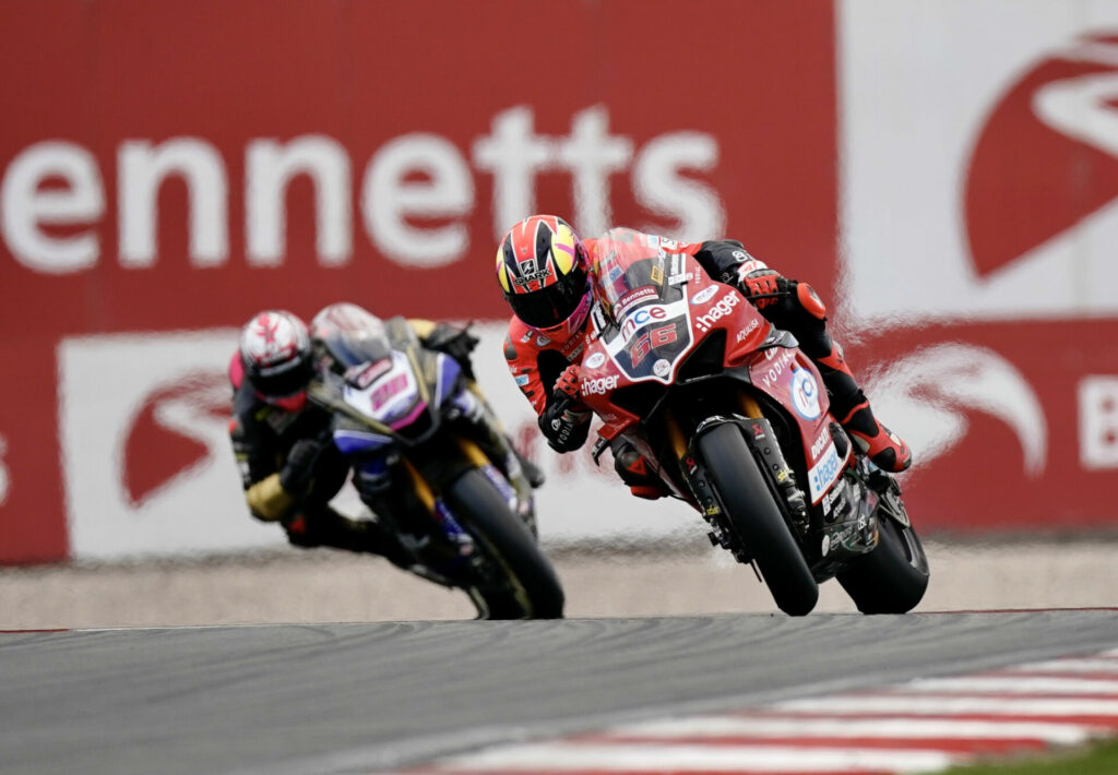 Tom Sykes (66) leads Bradley Rau (28) at Donington Park. Photo courtesy MSVR.