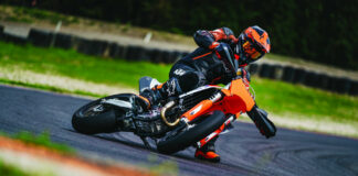 A 2023-model KTM 450 SMR Supermoto track bike in action. Photo by Philip Platzer, courtesy KTM.