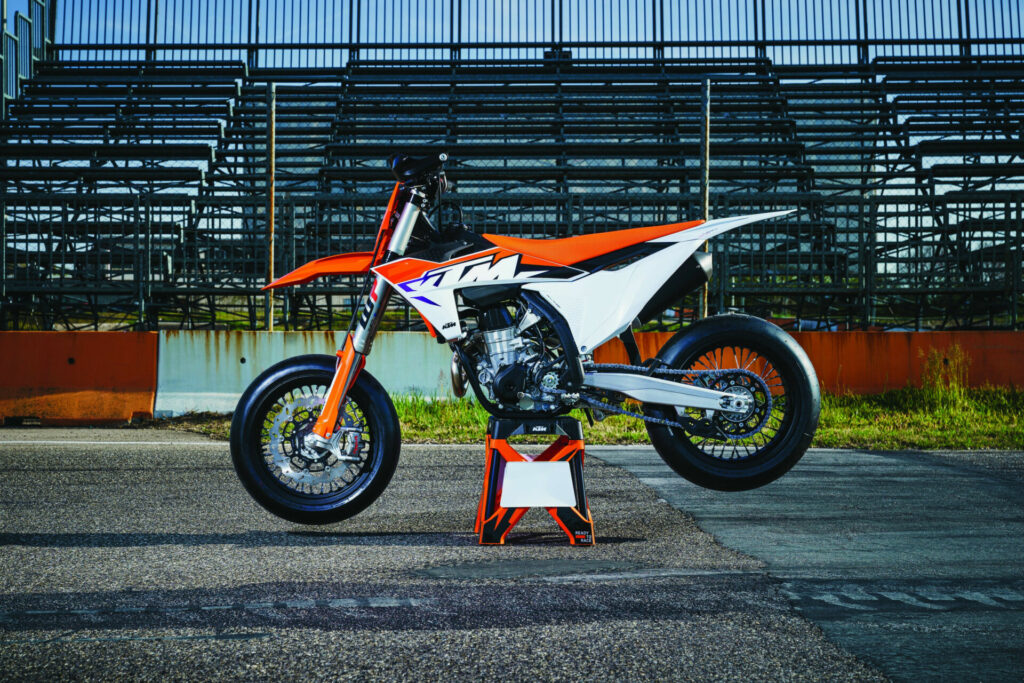 A 2023-model KTM 450 SMR Supermoto track bike at rest. Photo by Philip Platzer, courtesy KTM.