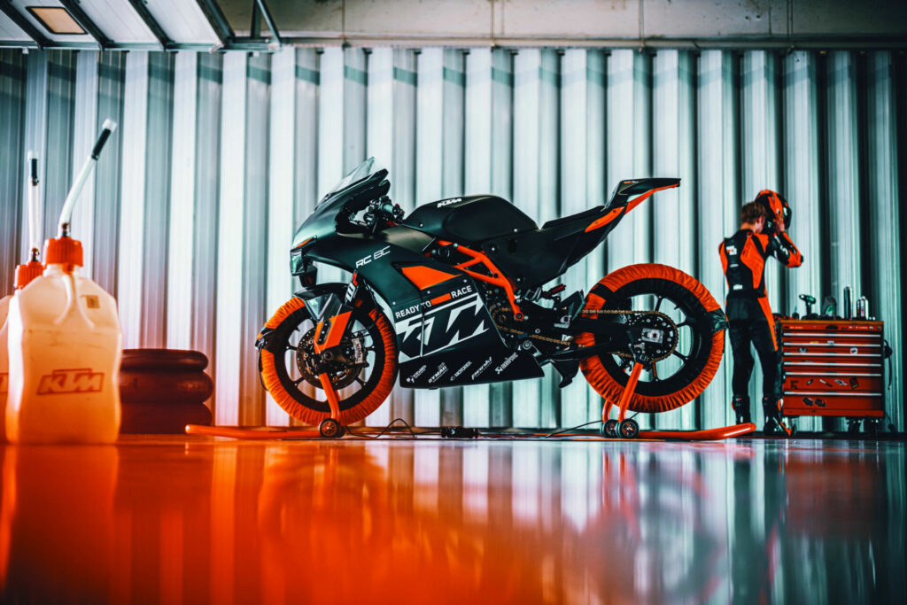 A 2023-model KTM RC 8C track day bike at rest. Photo by Rudi Schedl, courtesy KTM.