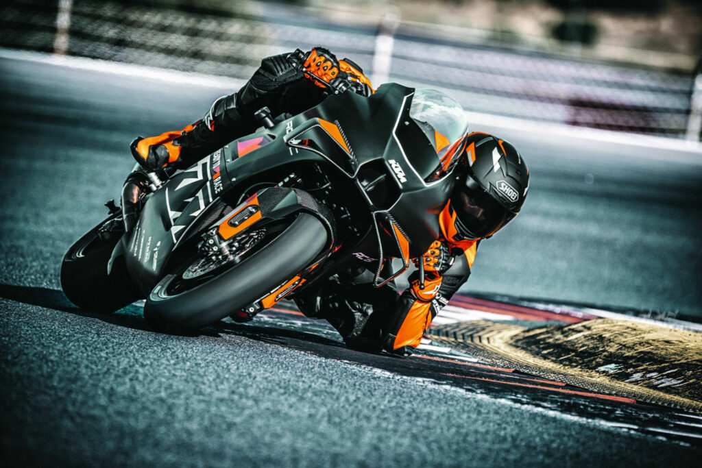 A 2023-model KTM RC 8C track day bike at speed. Photo by Rudi Schedl, courtesy KTM.
