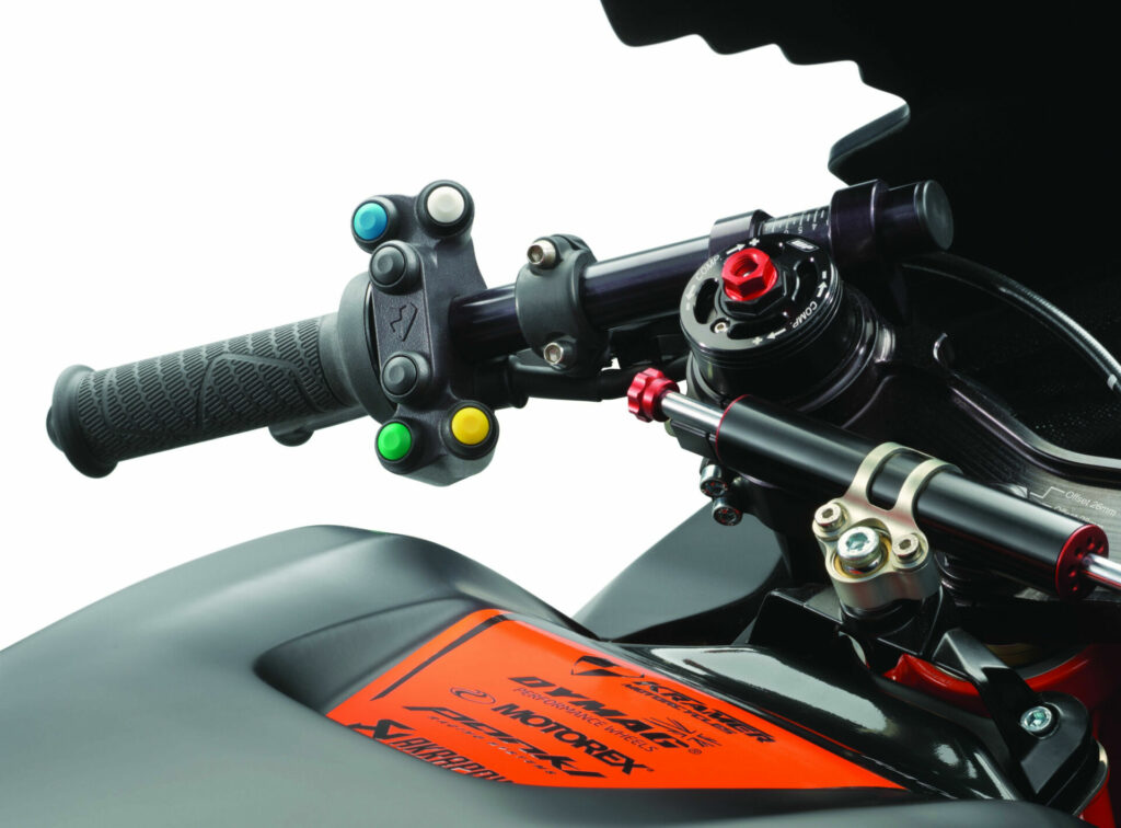 The 2023-model KTM RC 8C bristles with racing hardware, including the handlebar-mounted electronic control buttons. Photo by Fotografie Mitterbauer, courtesy KTM.