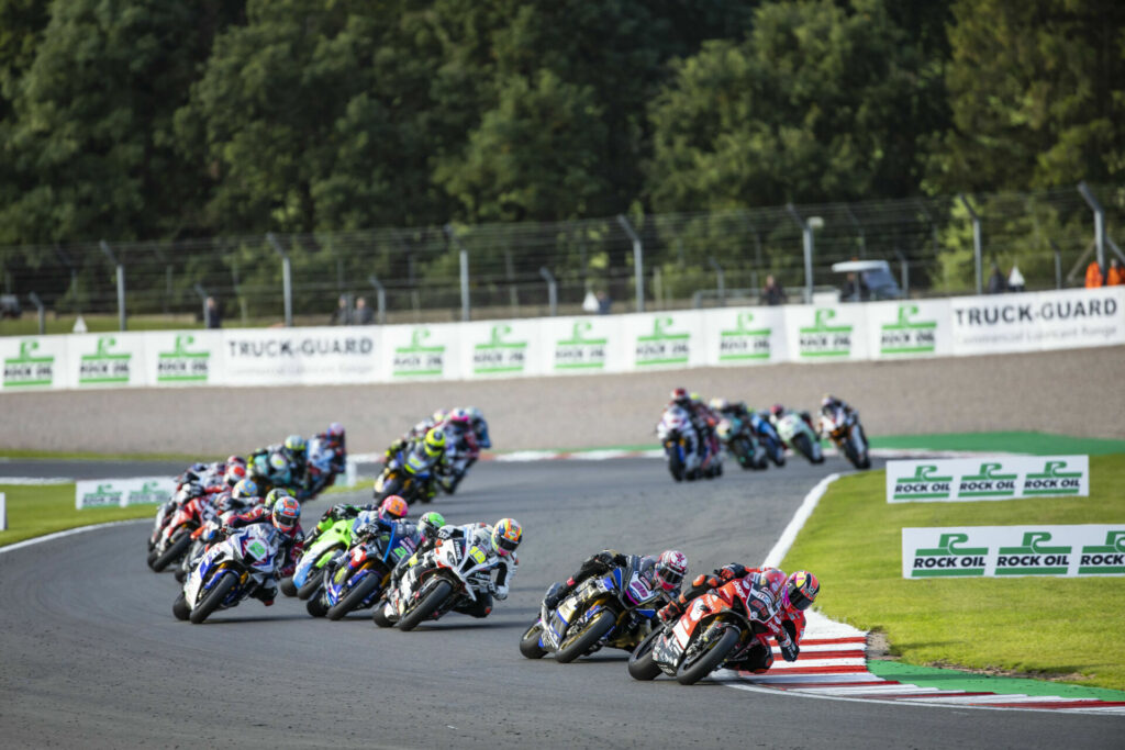 Tom Sykes (66) leads a British Superbike race at Donington Park. Photo courtesy MSVR.