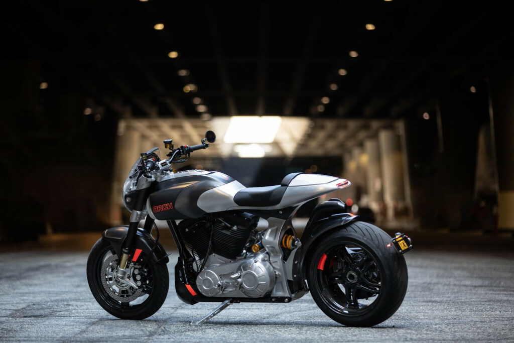 The left-rear view of Arch Motorcycle's new 1s "sport cruiser" showing its rear suspension and single-sided swingarm. Photo courtesy Arch Motorcycle.