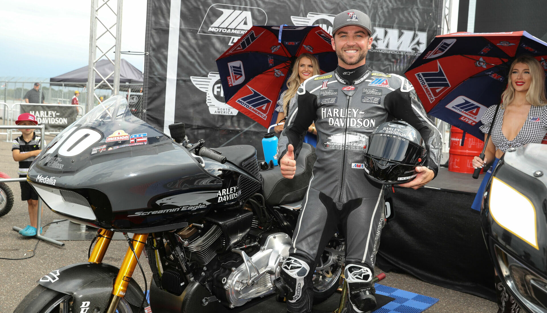 MotoAmerica racer Travis Wyman with the Harley-Davidson Screamin' Eagle Road Glide that he raced during the 2022 MotoAmerica Mission King Of The Baggers season. Photo by Brian J. Nelson, courtesy Travis Wyman.