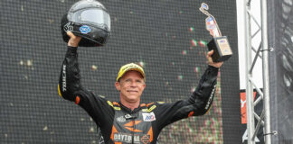 Michael Barnes on the MotoAmerica King Of The Baggers podium at New Jersey Motorsports Park. Photo by Brian J. Nelson.