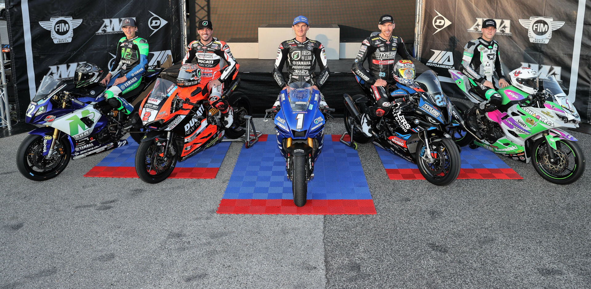 Some of the 2022 MotoAmerica AMA/FIM North American Road Racing Championships (from left): Blake Davis (Twins Cup), Josh Herrin (Supersport), Jake Gagne (Superbike), Corey Alexander (Stock 1000), and Cody Wyman (Junior Cup). Photo by Brian J. Nelson.
