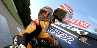 Photo-journalist Joe Jackson during a ride with Chris Ulrich on the Dunlop ECSTAR Suzuki GSX-R1000R two-seat Superbike at Barber Motorsports Park. Photo by David Swarts.