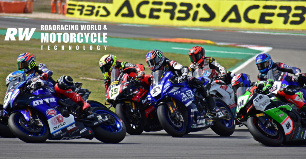 Get stuck in a scrum mid-pack at the start of a Superbike World Championship race, get pushed off the track and it's easy to lose six full seconds to the leaders. Jake Gagne (33) found himself having to deal with close-quarters racing at the world's highest level of Superbike competition. Photo by Michael Gougis.