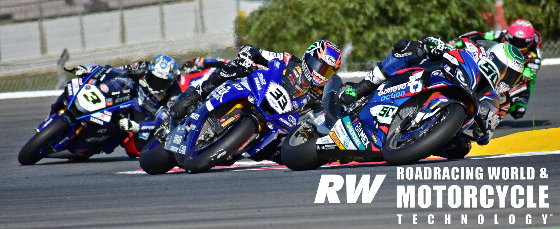 Jake Gagne (33) battled with Eugene Laverty (50) for much of Sunday's Superpole Race, finishing less than 0.1 second back in 16th. He would move up one more place in Race Two, scoring a World Superbike point. Photo by Michael Gougis.