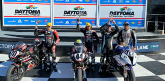 ASRA Team Challenge race winner Vision Wheel M4 ECSTAR Suzuki SA's Sam Lochoff (second from left), runner-up Vision Wheel M4 ECSTAR Suzuki SPS's Tyler Scott (far left), and Grease Monkey Racing's Stephen Hofmann (second from right) and Eric Helmbach (far right), who finished third in the race and won the ASRA Team Challenge overall Championship. Photo by David Swarts.