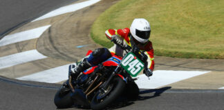 Curtis Adams (045), riding his 1981 Honda CB750F, won both Vintage Cup races at the 2022 AHRMA season finale at Barber Motorsports Park, but the Vintage Cup Championship went to Jesse Davis. Photo by etechphoto.com, courtesy AHRMA.
