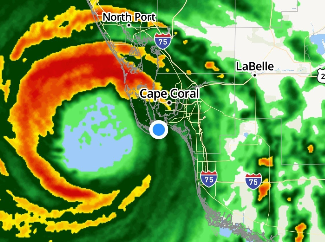 Hurricane Ian as seen on a live radar map at 12:44 p.m. September 28, 2022. The blue dot represents the location of Thomas Stevens' home on Florida's Sanibel Island. Image courtesy Thomas Stevens.