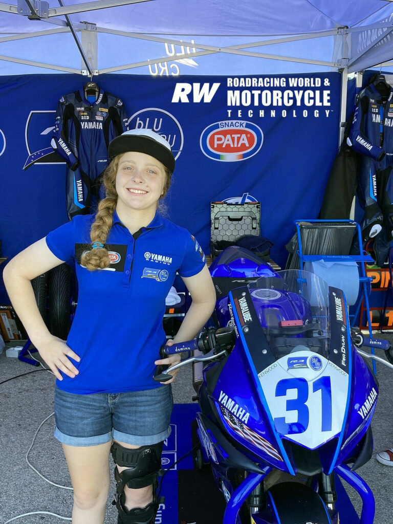 Kayla Yaakov with her Yamaha YZF-R3 racebike in the paddock at Autodromo Internacional do Algarve. Photo by Michael Gougis.